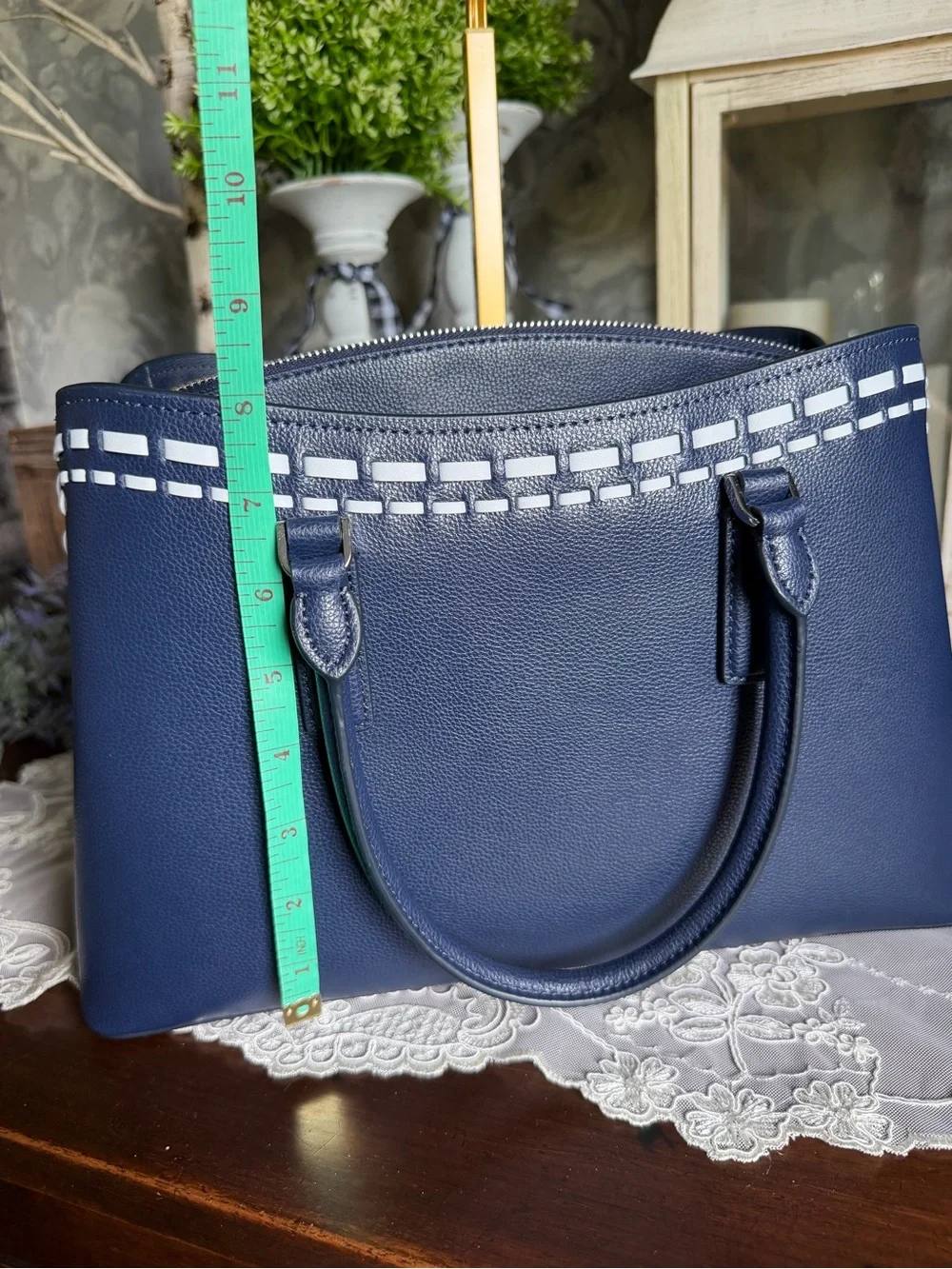 kate spade Thompson Navy Floral Appliqué Leather Satchel with Pastel Flowers
